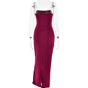 Detailed back view of burgundy long maxi dress featuring invisible zipper and slit