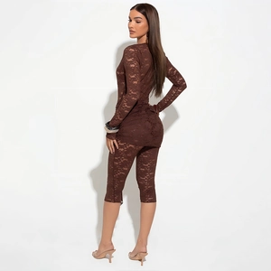 Sexy brown lace sheer bodysuit for women featuring floral texture and a tight fit design