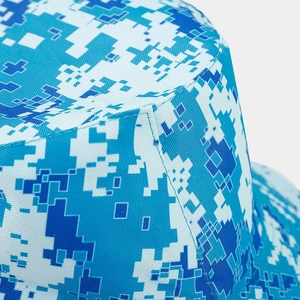 Detailed macro view of digital camo bucket hat with blue pattern and stitched top seams