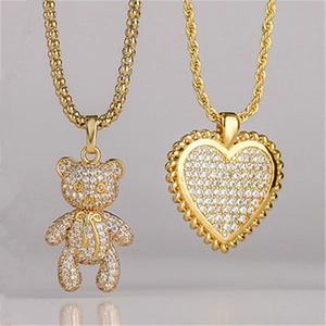Bear Heart Pendant Necklace Copper Micro Paved Zirconia Cartoon Sweet Jewelry For Women