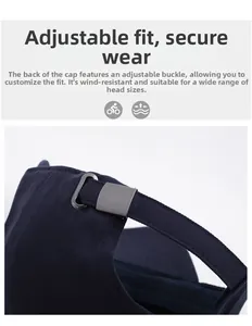 Detail of navy blue cotton twill baseball cap with adjustable buckle for secure fit