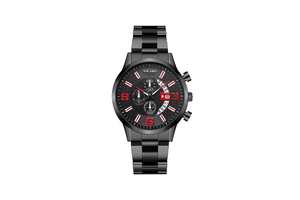 Detail of Yolako men's watch featuring a black dial with red numerals and date display