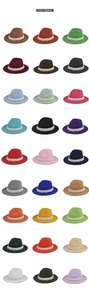 Cuadrícula con 27 colores vibrantes de sombreros fedora de fieltro de lana con perlas