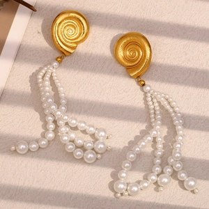 Chic 18K gold plated spiral stud earrings with white pearl tassels in beach ocean style