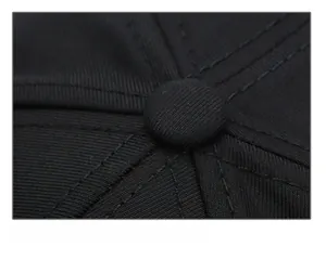 Detail of multi-panel baseball cap crown with reinforced stitching and button top