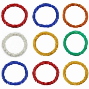 9-piece set of colorful acupressure massage rings in gold, silver, and vibrant spring steel