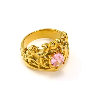 Luxurious 18k gold plated crown ring for women featuring a round pink gemstone centerpiece