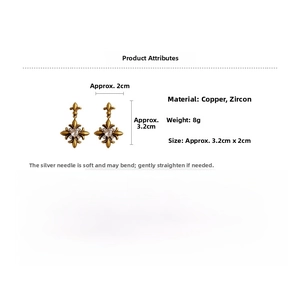 Detailed view of vintage iris flower earrings with measurements and cubic zirconia inlay