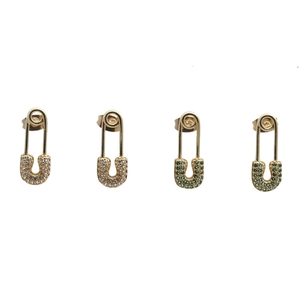 Set of four gold safety pin earrings featuring pave white zircons and green gemstones