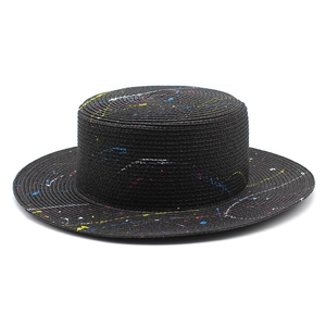 Paint Splatter Graffiti Straw Boater Hat Flat Top Wide Brim Summer Beach Sun Protection Artistic Panama Style