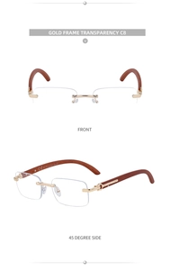Close-up of gold metal accents and brown wood texture temples on rimless sunglasses
