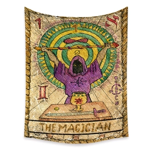Detail of The Magician tarot tapestry showing retro fabric texture and mystical pattern