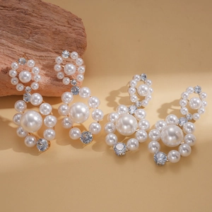 Elegant round faux pearl and zircon drop earrings in two sizes with silver needle studs