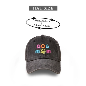 Detail view of Dog Mom embroidery and sizing chart for washed grey cotton baseball cap