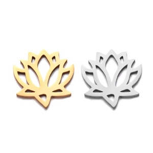 Minimalist stainless steel lotus flower pendants in gold and silver finishes on white background