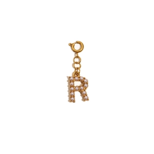 Close-up of gold 18K plated letter R pendant with small pearls and spring clasp detail