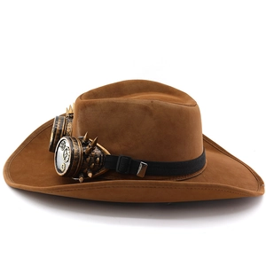 Steampunk brown suede cowboy hat with vintage goggles and gear metallic details