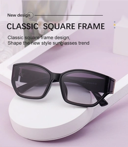 Detailed view of square black sunglasses with gradient lenses and model number on temple