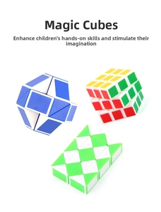 Educational 3x3 speed cube and colorful twist snake ruler puzzles set on white background