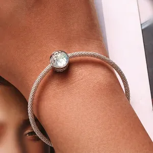 S925 sterling silver ocean wave bracelet with opal bead on woven mesh chain