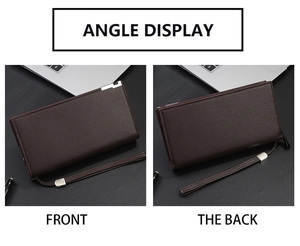 Front and back view of brown long men's business wallet with lychee leather texture