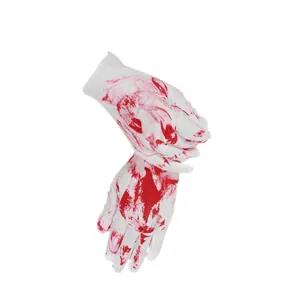 Pair of white Halloween cosplay gloves with realistic red blood splatter prints