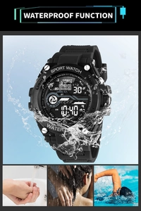 Detail showing WR30M waterproof function of black digital sports watch with water splashes