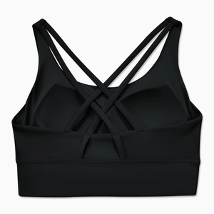 Dettaglio delle spalline incrociate sul reggiseno sportivo nero per yoga e fitness