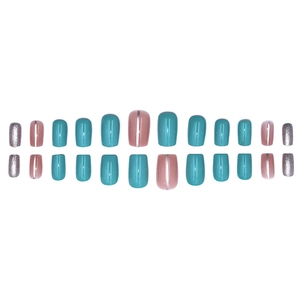 24pcs Tiffany blue and glitter press-on nails in square-oval shape with silver accents