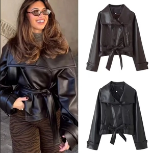 Damen PU Lederjacke Doppelreihig Mit Gürtel Revers Kurz Kunstleder Mantel Retro Streetwear Oberbekleidung