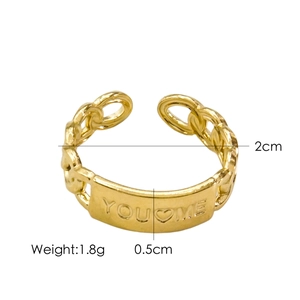 Macro detail of 14K gold plated adjustable ring with YOU ME engraving and dimensions
