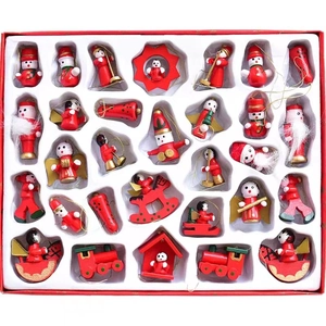 Detailed view of 24-piece wooden Christmas ornaments including snowman and angel figurines