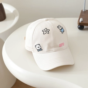 Beige cotton kids baseball cap featuring cute embroidered bears and a yellow smiley star