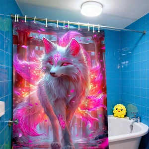 Digitaler 3D-Duschvorhang mit Neon-Fuchsmotiv, Fantasie-Kunst und Metall-Aufhängeringen