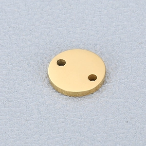 Polished golden stainless steel round disc pendant with two holes for jewelry making