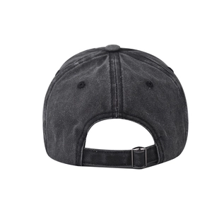 Rear view of washed black cotton baseball cap showing adjustable metal buckle strap