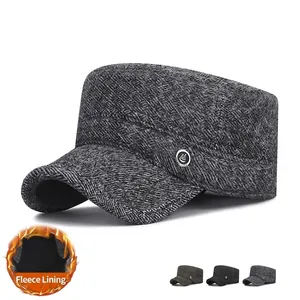Men Winter Flat Top Cadet Cap Warm Cold Proof Herringbone Polyester Hat With Ear Flaps Adjustable Metal Badge Vintage