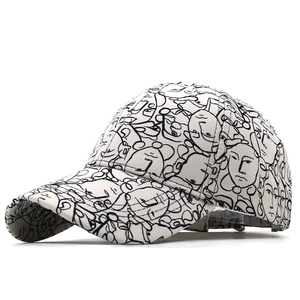 Artistic cream baseball cap with black minimalist face line drawing and curved brim