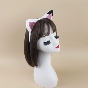 Cute white plush cat ear headband with pink glitter accents for kids halloween costume
