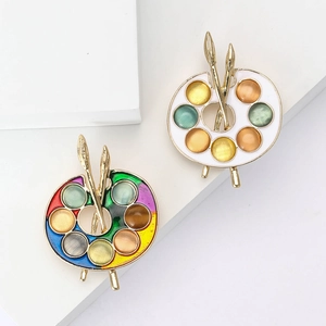 Alloy Enamel Palette Paintbrush Brooch Pin Colorful Cat Eye Stone Vintage Artist Style Women Fashion Jewelry