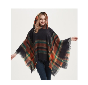 Plaid hooded poncho with orange and green patterns featuring elegant fringe details