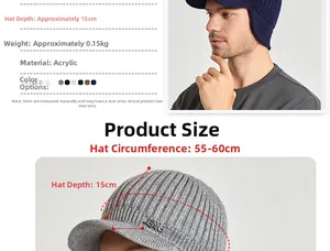 Detailed size specifications of the knitted winter hat with earflaps and Jeans label