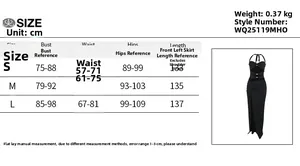 Detailed size chart for cutout halter neck slit maxi dress with measurement specifications