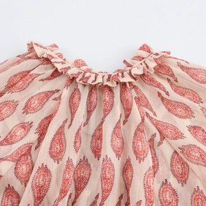 Close-up of ruffled high collar with red paisley pattern and gold vertical stripes