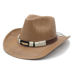 Brown woven western cowboy straw hat with wide brim and golden feather metal ornament
