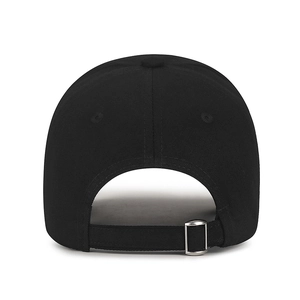 Adjustable black cotton baseball cap back view with silver metal buckle and strap