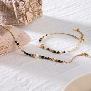 18k gold plated stainless steel necklace and bracelet set with pearls and natural stones