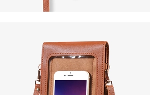 Brown lychee leather crossbody phone bag featuring a clear touch-screen window and gold hardware