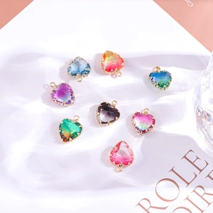 Colorful zircon heart pendants in gold plating for necklaces and earrings, set of 8 pieces