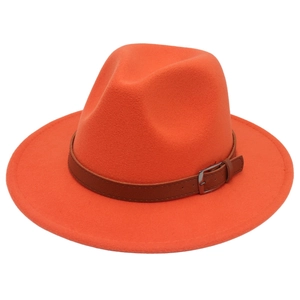 Detail of orange wool fedora hat featuring wide brim and leather belt with silver buckle